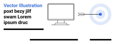 Bilgisayar monitörü, ok hedefe isabet ediyor. Metin blokları siyah ve mavi. İş stratejisi, hedef başarısı, pazarlama, üretkenlik, dijital pazarlama, sunumlar için ideal