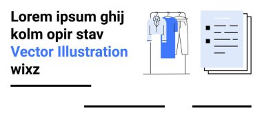 Belgelerin yanında asılı duran kıyafetler moda endüstrisini, işletme yönetimini ve yönetim temalarını sembolize ediyor. Moda endüstrisi, iş stratejisi, ofis sunumları için ideal