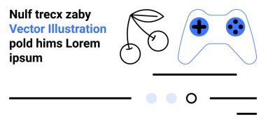 Metin elemanları, kiraz grafiği, oyun denetleyici, satırlar ve noktalar çoklu tasarım temaları vurgular. Oyun, yemek, minimalizm, modern tasarım, dijital arayüzler, oyuncu temalar ve yaratıcı temalar için ideal