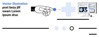 Tıbbi bir elementi tutan robot el, mavi tıbbi haç, tıbbi verileri gösteren bilgisayar ekranı, dağınık metin elementleri. Teknoloji, sağlık, yenilik ve yapay zeka için ideal.
