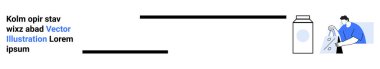 Mavi gömlekli bir adam süt kutusunun yanına temiz bir şişeden sıvı döküyor. Mavi Vektör İllüstrasyon halkası içeren bir yer tutucu metni var. Web sayfası tasarımı, yer tutucu metin, şablon için ideal