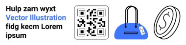 QR kodu, üzerinde fiyat etiketi olan mavi çanta ve dolar işareti olan para dijital işlemleri, online alışverişi ve güvenliği teşvik ediyor. E-ticaret, pazarlama, finans, teknoloji perakende ödemeleri için ideal