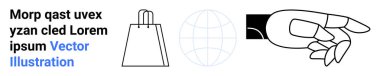 Küre simgesi olan alışveriş çantasına el işareti, yer tutucu Lorem ipsum Vektör İllüstrasyonu metni. Ecommerce, dijital dönüşüm, küreselleşme, pazarlama, çevrimiçi alışveriş, iş için ideal