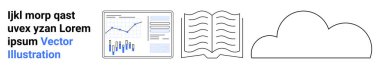 Dijital veri grafik ekranı, metin satırlı açık kitap, bulut taslağı ve yer tutucu Lorem Ipsum metni. Eğitim içeriği, veri sunumu, bulut hizmetleri, dijital öğrenme ve yayınlama için ideal