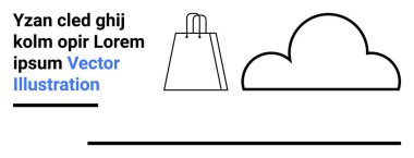 Alışveriş çantasının minimalist tasarımı ve yer tutucu metni olan bir bulut. E-ticaret, bulut depolama, çevrimiçi alışveriş, web tasarımı, minimalizm temaları, uygulama simgeleri ve pazarlama malzemeleri için ideal. İniş