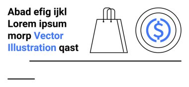 İçinde siyah ve mavi yer tutucu metin bulunan para biriminin yanında alışveriş torbası. E-ticaret, çevrimiçi alışveriş, dijital ödeme, pazarlama, perakende, finans ve web sitesi tasarımı için ideal. İniş sayfası