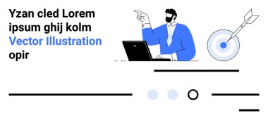 Dizüstü bilgisayarı olan bir adam, metin tutucuları, ve ok ile hedef simgesi. İş stratejisi, danışmanlık, hedefler, planlama, programlama, takım çalışması, pazarlama illüstrasyonları için ideal. İniş sayfası