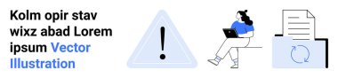 Warning triangle with exclamation mark, seated person using laptop, document with recycling icon. Ideal for productivity, document management, warnings, multitasking, office work, online clipart