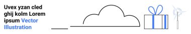 Bulut, kurdeleli hediye kutusu ve rüzgar türbini içeren minimalist bir görüntü. Eksik Latince metin tutucusu solda. Modern kavramlar için ideal, teknoloji, sürdürülebilirlik, hediyeler, bulut