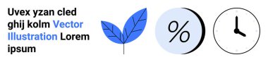 Blue leaf, percentage icon, and clock in simple, modern design. Ideal for financial platforms, time management tools, educational content, digital marketing, eco-friendly apps, business clipart