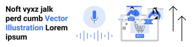 İnsanlar online alışveriş platformlarıyla etkileşime geçiyorlar. Mikrofon ses arama kapasitesi, alışveriş arabası, satın alma düğmesi, büyümeyi temsil eden oklar öneriyor. E-ticaret, ses teknolojisi ve kullanıcı için ideal