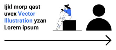 Kutunun üzerinde oturan, akıllı telefondan kitap okuyan bir kadın. Soyut figür ve metin ögeleri dahil. Dijital okur yazarlık, teknoloji kullanımı, modern iletişim, minimalizm, web tasarımı, eğitim için ideal
