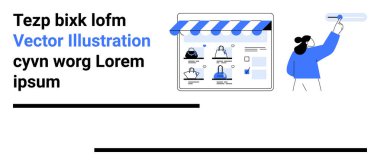 Avatarların, metin tutucuların ve büyük bir kontrol işaretinin bulunduğu büyük bir bilgisayar ekranına web sitesi tasarımı. Web tasarımı, UIUX, çevrimiçi hizmetler, dijital pazarlama, e-ticaret için ideal