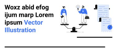 İki profesyonel denge terazisinde duruyor, biri ampul tutuyor, diğeri de evrak çantasıyla. Belgeler sağda görünüyor. İş stratejisi, takım çalışması, fikirler, denge ve belgeler için ideal