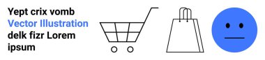 Alışveriş arabası, alışveriş çantası, müşteri memnuniyetini sembolize eden tarafsız mavi yüz ve yer tutucu mesajı. E-ticaret, pazarlama, müşteri geribildirimi, dijital arayüzler, çevrimiçi perakende tüketicisi için ideal