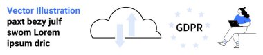 Veri transfer okları olan bulut, yıldızlı GDPR metni ve dizüstü bilgisayar kullanan mavi elbiseli kadın. Veri güvenliği, mahremiyet, bulut bilgisayarı, uyum, AB yönetmelikleri, çevrimiçi güvenlik için ideal. İniş sayfası