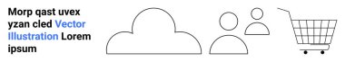 Bulutun minimalist simgeleri, iki kullanıcı ve bir alışveriş arabası, metin tutucunun yanında. Ecommerce, kullanıcı yönetimi, bulut hizmetleri, dijital pazarlama, uygulama tasarımı, web arayüzleri, iş