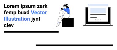 Mavi bluzlu bir kişi oturuyor ve bilgisayarın yanında bir telefon kullanıyor ve yer tutucu metni olan bir web sayfası gösteriyor. Teknoloji, dijital içerik, iniş sayfaları, mobil kullanım, çevrimiçi etkileşim, modern
