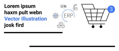 Üç parçalı alışveriş arabası, lojistik ikonlar, ERP sistem sembolü ve kutular. E-ticaret, envanter, tedarik zinciri, lojistik, ERP entegrasyonu, çevrimiçi alışveriş, perakende işi için ideal. İniş
