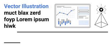 Çizgi ve çubuk grafikleri, piramit içindeki göz sembolü ve metin elemanlarıyla iş analizi paneli. İş, analitik, veri görselleştirme, izleme, istatistik, performans izleme için ideal