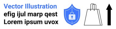 Kalkan kilidi güvenliği simgeler, alışveriş torbası alışverişi simgeler ve yukarı ok da büyüme ya da ilerleme anlamına gelir. E-ticaret, siber güvenlik, alışveriş, büyüme, ilerleme, çevrimiçi işlemler için ideal