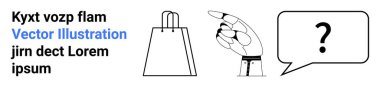 Robot el, soru işareti gösteren bir konuşma balonuyla alışveriş torbasını işaret ediyor. Çevrimiçi alışveriş, robot bilimi, yapay zeka etkileşimi, teknoloji, müşteri soruşturmaları, e-ticaret, yenilik için ideal