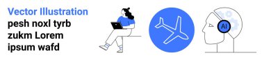 Laptop, uçak, yapay zeka sembollü insan kafası, minimal tasarım, mavi renk şeması kullanan bir kadın. Teknoloji, seyahat, ev işi, yapay zeka, modern yaşam tarzı, verimlilik ve yenilik için ideal. İniş sayfası