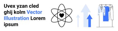 Ortasında kalp olan bir atomun simgesi, yukarı doğru yükselen mavi renkte oklar, ve elbiseli bir elbise askısı. Bilim, moda, büyüme kavramları, perakende, teknoloji için ideal