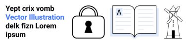 Kilitli bir asma kilit, sayfada A ve yel değirmeni olan açık bir kitap içeren üç simge. Güvenlik, bilgi, enerji, teknoloji, eğitim edebiyatı sürdürülebilirliği için ideal. İniş sayfası