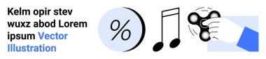 Yüzdelik sembol, müzik notası, modern tasarımda hareketli dönen el. Finans, eğlence, akıl sağlığı, eğitim, pazarlama, sunumlar, bilgi grafikleri ve sosyal medya için ideal