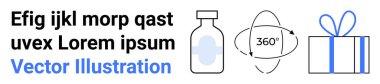 Tıbbi bir şişenin yanında yer tutucu metin, 360 derecelik dönüş sembolü ve mavi kurdeleli bir hediye kutusu. Tasarım kavramları, tıbbi temalar, ambalaj fikirleri, sanal gerçeklik, animasyon için ideal