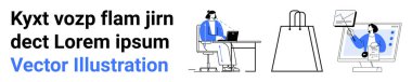 Masada dizüstü bilgisayarda çalışan bir işadamı, boş bir alışveriş çantası, ekranda çalışan analiz çizelgesi. İş sunumları için ideal, çevrimiçi alışveriş, e-ticaret, uzaktan çalışma, veri analizi, ofis
