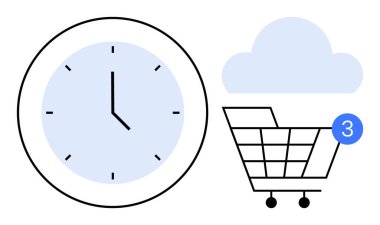 Açık mavi yüzlü bir saat, 3 'ü gösteren bir alışveriş arabası ve açık mavi bir bulut. E-ticaret, zaman yönetimi, bulut depolama, çevrimiçi alışveriş, uyarılar, dijital