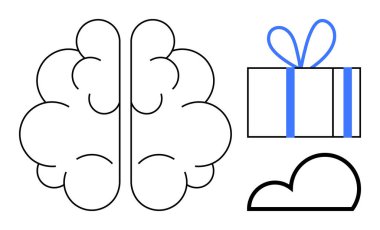 Beyin ikiye bölünmüş, bir yay ve bulut şeklinde hediye kutusu. Zihinsel sağlık, yenilik, yaratıcılık, teknoloji, bulut hesaplama eğitim bağlantıları için idealdir. Satır metaforu