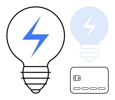 Mavi şimşekli ampul, şeffaf ampul kaplaması ve kredi kartı ikonu. Enerji kullanımı, finans, fintech, yenilik, güç çözümleri, elektrik ve modern teknoloji için ideal