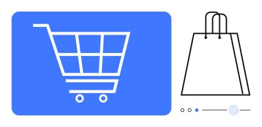 Alışveriş arabası ikonu mavi dikdörtgen ve alışveriş çantası taslağı. E-ticaret, perakende mağazaları, çevrimiçi alışveriş platformları, dijital pazarlama, tüketici davranışı çalışmaları, mal, ödeme için ideal