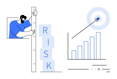 İşadamı risk seviyesini yükselen bir bar tablosu ve hedef tahtası yanında RISK etiketli bloklar kullanarak ölçüyor. Mali analiz, stratejik planlama, risk yönetimi, yatırım tavsiyesi ve iş için ideal