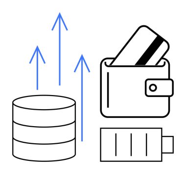 Cüzdanında bir pil ve yukarı doğru okları olan veri tabanı simgesinin yanında bir kredi kartı var. Finansal teknoloji, dijital işlemler, yatırımlar, ekonomik büyüme, bankacılık, fintech, veri için ideal
