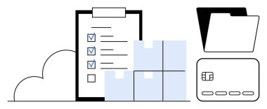 Kontrol listesi, bulut, kargo kutuları, klasör ve kredi kartı, organize envanter yönetimini temsil ediyor. Lojistik, ecommerce, ofis yönetimi, finans verimliliği işi için ideal