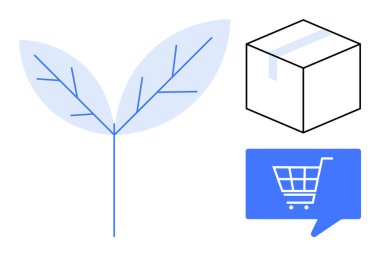 Yaprak filizi, bantlı nakliye kutusu ve alışveriş arabası sembollü konuşma balonu. Sürdürülebilirlik, çevre dostu, e-ticaret, çevre koruma, paketleme, çevrimiçi alışveriş, dijital