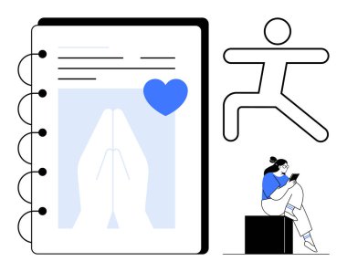 Dua eden elleri, mavi kalbi, koşu sembolü ve kitap okuyan biri. Farkındalık, kişisel gelişim, motivasyon, sağlık hedefleri fitness organizasyonu için ideal. Satır metaforu