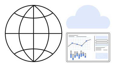 Dünya çapındaki bağlantıyı sembolize eden dünya ızgarası, bulut depolamasını temsil eden bulut simgesi ve grafik ve grafiklerle veri analizi paneli. Teknoloji, bulut hizmetleri, iş zekası için ideal
