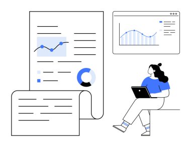 Bir dizüstü bilgisayarda veri grafikleri ve grafikleri inceleyen profesyonel bir iş adamı, belgelerle birlikte bir de analitik ekran. İş için ideal, veri görselleştirme, raporlama, üretkenlik, pazar