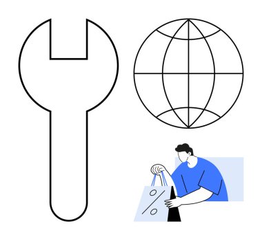 Büyük anahtar, küre ve içinde yüzde işareti olan alışveriş torbası olan bir adam. E-ticaret, küresel ticaret, çevrimiçi alışveriş, indirimler, satın alma araçları ve küreselleşme kavramları için idealdir. Satır metaforu