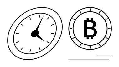 Zaman ve Bitcoin parasının kriptoyu sembolize ettiğini gösteren saat. Finans, yatırım, teknoloji, dijital para birimi, bankacılık, zaman yönetimi, verimlilik için ideal. Satır metaforu