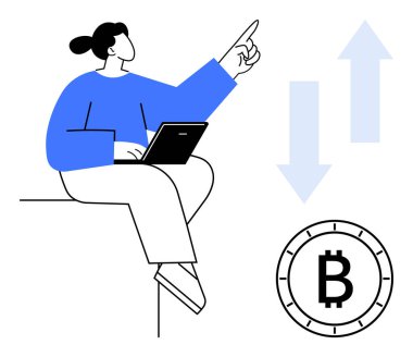 Bilgisayarı yukarı bakan kişi Bitcoin sembolü ve yön oklarının yanında. Kripto para birimi, yatırım, mali analiz, ticaret, fintech, pazar eğilimleri, eğitim materyalleri için ideal