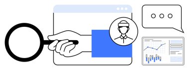 El ele tutuşan büyüteç tarayıcı penceresi, sohbet baloncukları ve veri tabloları içinde çevrimiçi profili inceliyor. Araştırma, analitik, müşteri sezgileri, iş stratejisi, pazarlama için ideal