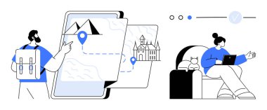Sırt çantalı adam akıllı telefondan haritaya bakarken dizüstü bilgisayarı olan kadın kanepede oturuyor. Seyahat uygulamaları, tatil planlaması, dijital göçebe yaşam tarzı, uzaktan çalışma, keşif, teknoloji kullanımı için ideal