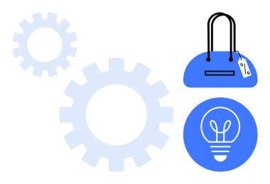 Dişliler mavi bir el çantası ve ampul simgesinin yanında hareket halinde. Yenilik, perakende satış, takım çalışması, problem çözme, teknoloji, alışveriş ve parlak fikirler için idealdir. Satır metaforu