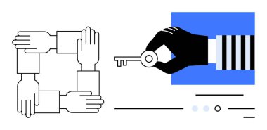 Bir karede birleşen dört el, takım çalışmasını sembolize ediyor. Güven ve çözümleri temsil eden bir anahtarı tutan bir elin yanında. Takım işbirliği, liderlik, problem çözme, güvenlik ve iş için ideal